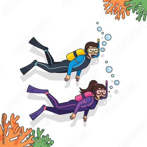 Couple scuba diving underwater exploring coral reef with bubbles, active lifestyle