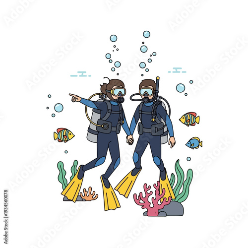 Couple scuba diving underwater, holding hands, pointing, surrounded by fish and coral