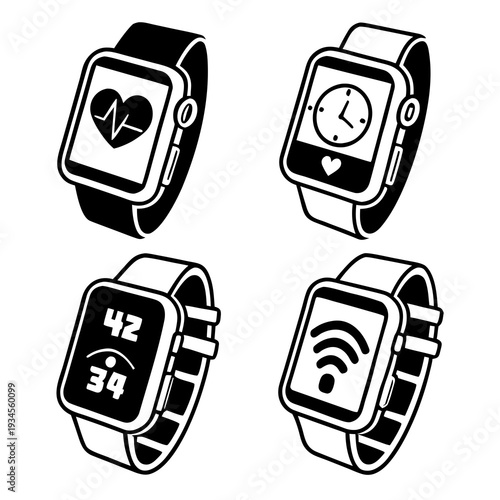Four smart watches with different interface displays