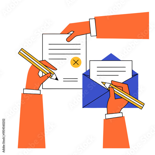 Two hands exchanging a sealed letter and signing document