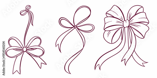 Three different types of ribbon bows displayed in a row with various styles
