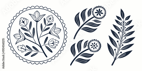 Intricate floral designs featuring a circular motif and two elegant leaf patterns.
