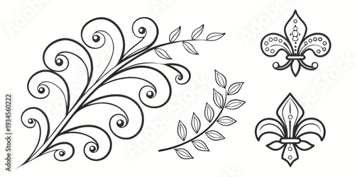 Intricate black and white floral and fleur-de-lis designs on a white background