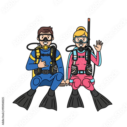 Couple scuba diving, holding hands, enjoying underwater adventure, happy divers
