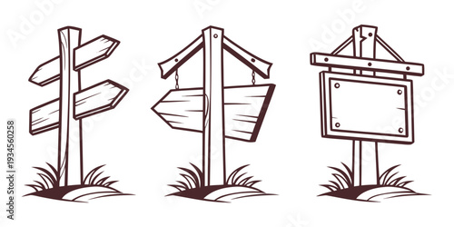 Three different types of signs in a row on grassy ground.