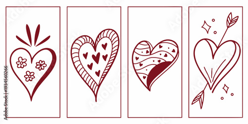 Four beautifully illustrated heart designs with intricate patterns and arrows.