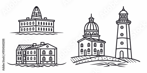 A picturesque illustration of a lighthouse, church, and two buildings