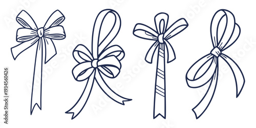 Four different types of decorative ribbons with bows drawn in a simple line art style