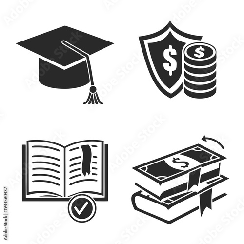Education and finance icons with graduation cap and money