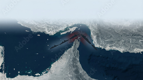 Top view satellite map showing narrow sea passage obstructed by naval silhouettes  