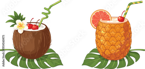 Tropical summer cocktail set featuring coconut and pineapple drinks with straw cherry and hibiscus flower on monstera leaf