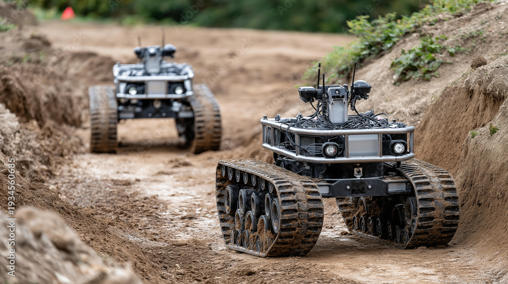 Fototapeta premium Military robots navigating rough terrain during a tactical field training exercise, autonomous robot training, unmanned ground vehicles terrain navigation, defense robot field test,