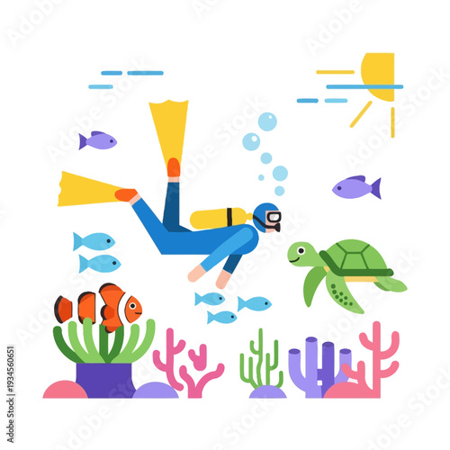 Scuba Diver Explores Coral Reef with Sea Turtle and Clownfish