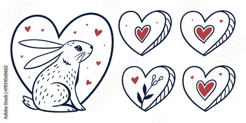 A whimsical illustration of a rabbit surrounded by hearts and love symbols.