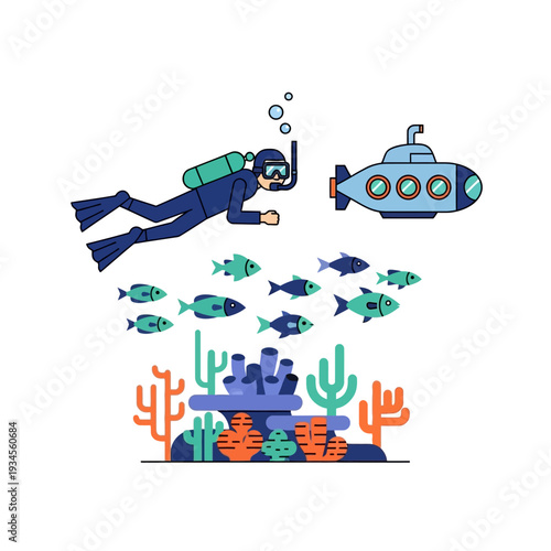 Scuba diver explores coral reef with school of fish and submarine