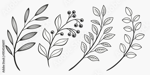 A delicate arrangement of various leaves and berries in a monochromatic design.