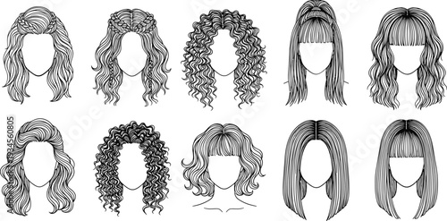 Black and white of ten different hairstyles with blank faces hairdos line blank faces wavy hair