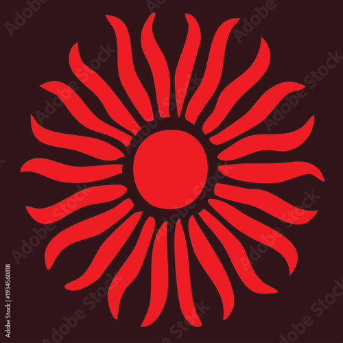 An abstract red flower pattern creates a hot summer background illustration with orange sunlight and yellow floral art symbols for a sunny nature design