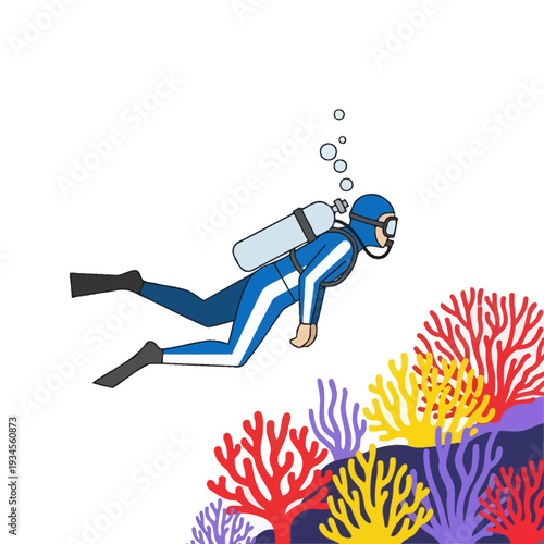 Scuba Diver Exploring Colorful Coral Reef Underwater Ocean Scene