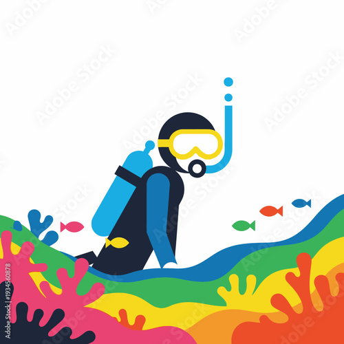 Scuba Diver Exploring Colorful Coral Reef with Small Fish