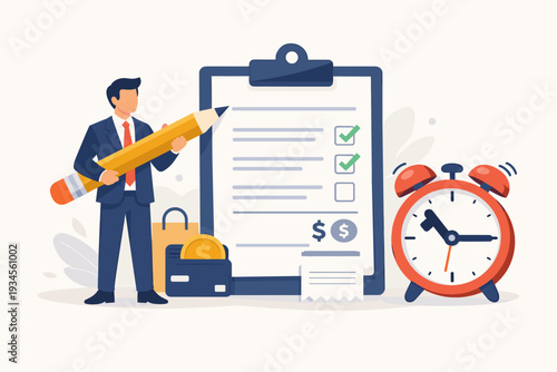 Businessman holding large pencil to check off bill payment list on clipboard with alarm clock, wallet, and credit card for financial management, expense tracking, and budget planning concept.