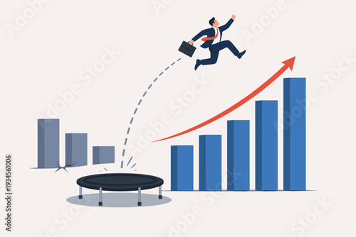 Business Growth and Economic Recovery Concept with Businessman Jumping from Trampoline to Rising Bar Chart, Symbolizing Financial Success, Revenue Rebound, and Overcoming Market Challenges.