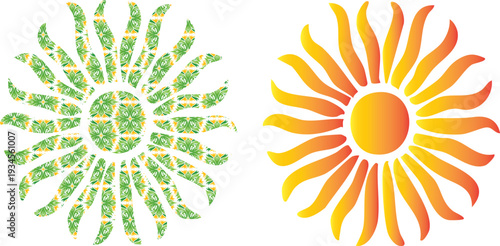 Cartoon sun and clouds pattern with yellow sunlight icons and orange heat symbols designed as decorative nature elements for hot weath