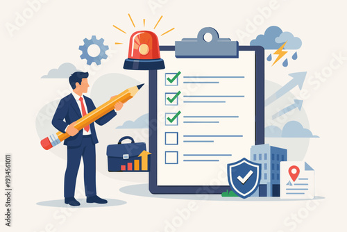 Business Emergency Plan Checklist for Disaster Recovery and Continuity Strategy with Businessman Holding Pencil, Clipboard, Siren Alarm, Shield, and Risk Management Icons for Resilience.