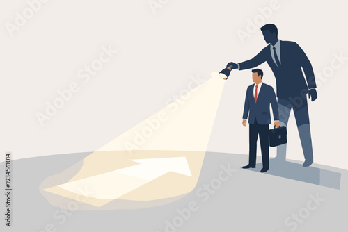 Business mentor or leader helping a professional discover the right direction with a flashlight illuminating an arrow path for career vision, leadership support, and corporate growth concept.