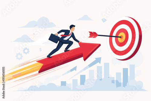 Businessman in suit riding a fast red arrow towards a target bullseye, representing business success, goal achievement, leadership, growth strategy, career progress, and winning competition.