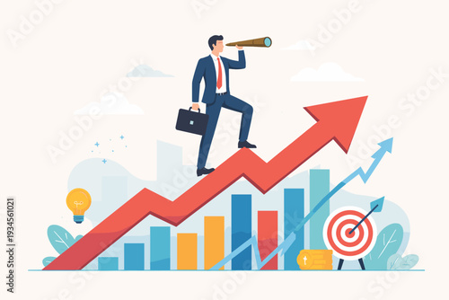 Businessman with Telescope Looking for Opportunities on Rising Growth Arrow Graph. Concept of Business Vision, Career Achievement, Investment Profit, Market Analysis, and Financial Success.