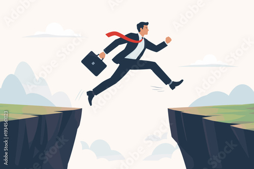 Ambitious businessman in a formal suit with a briefcase jumping across a deep mountain gap, symbolizing courage, motivation, risk-taking, and overcoming obstacles to reach career goals.