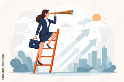 Businesswoman climbing ladder looking through telescope for career opportunities and business success vision, visionary leadership concept with city skyline and rising growth arrows vector art