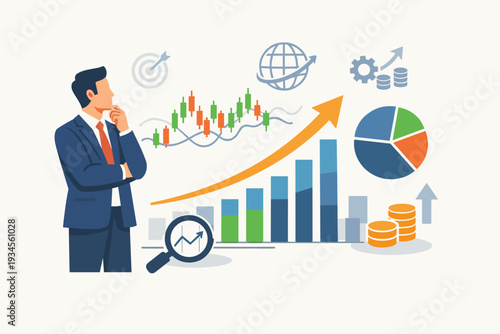Professional businessman analyzing financial data with growth diagrams, stock market candlestick charts, pie charts, and global economic indicators for investment strategy and business success.
