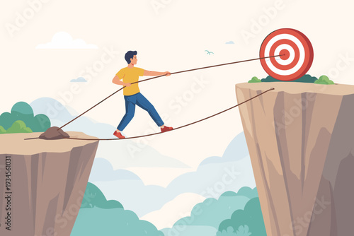 Man Walking on Tightrope Between High Cliffs Towards a Target, Concept of Overcoming Challenges, Motivation, Ambition, Risk Taking, Perseverance, Success, Self Development and Career Growth Vector