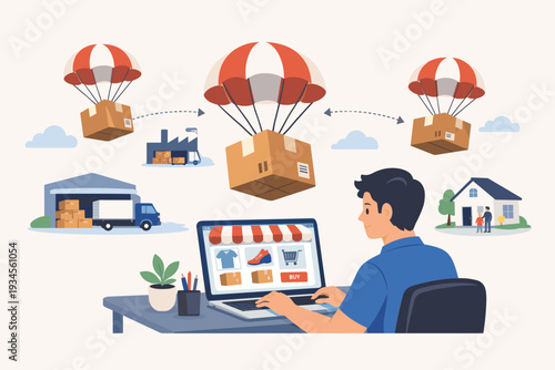 Dropshipping Business Model Illustration with Man Using Laptop for Online Shopping, Packages Delivered by Parachutes from Supplier Warehouse Directly to Customer Home, E-commerce Supply Chain