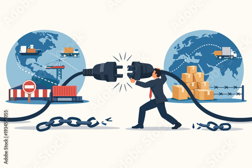 Global Trade War and Deglobalization Concept with Businessman Connecting Plugs Between Continents, Representing Supply Chain Disruption, Tariff Barriers, Economic Crisis, and Import Export Policy