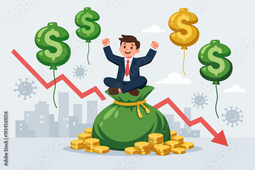 Successful businessman sitting on a large money bag with gold coins and dollar balloons amidst a falling red arrow graph and coronavirus icons, representing profit during a financial crisis.
