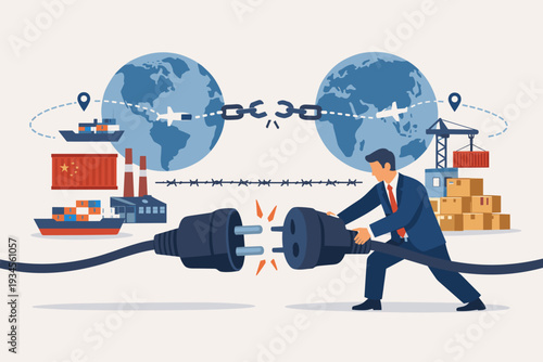 Deglobalization and Trade War Concept with Businessman Disconnecting Power Plug, Broken Chain Between Globes, Cargo Ships, and Barbed Wire Representing International Trade Barriers and Tariffs