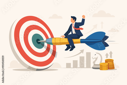 Businessman riding a giant dart hitting the center of a target bullseye, concept of business success, strategic planning, achieving goals, financial growth, and perfect execution in marketing.