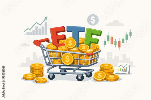 ETF Exchange Traded Funds Concept with Shopping Cart Full of Gold Coins and Stock Market Charts. Financial Investment, Wealth Management, Portfolio Diversification, and Trading Growth Vector.