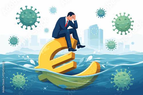 Stressed businessman sitting on a sinking golden Euro symbol in deep water surrounded by coronavirus cells, representing the European economic recession and financial crisis from the pandemic.