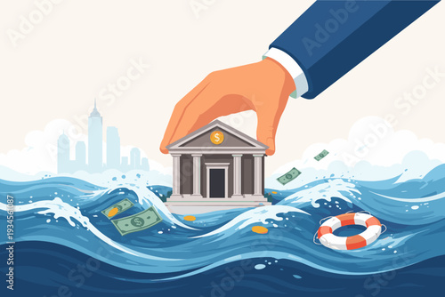 Government Bailout and Financial Rescue Concept with Giant Hand Saving Bank Building from Turbulent Ocean Waves of Economic Crisis, Featuring Money, Lifebuoy, and City Skyline Vector Graphic.