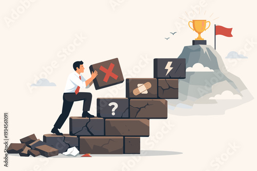 Businessman Building a Staircase from Failure Blocks to Reach a Gold Trophy on a Mountain Peak, Concept of Growth Mindset, Resilience, Perseverance, and Learning from Mistakes to Achieve Success.