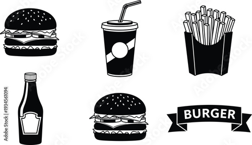 Burger Fast Food Black and White Icon Set Featuring Cheeseburger Soda Drink French Fries Sauce Bottle and Ribbon Banner in Bold Minimal Vector Illustration