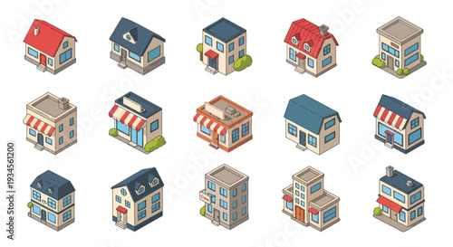 Isometric illustration of various colorful houses and commercial buildings