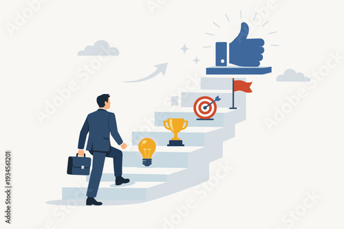 Businessman Climbing Stairs to Success with Icons for Idea, Trophy, Target, and Flag. Career Growth, Achievement, Professional Development, and Reaching Goals in Business Vector Illustration.