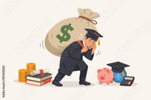 Student Loan Debt Concept with Graduated Student Carrying a Heavy Money Bag on His Back, Illustrating High Cost of University Education, Tuition Fees, Financial Burden, and Saving for College.