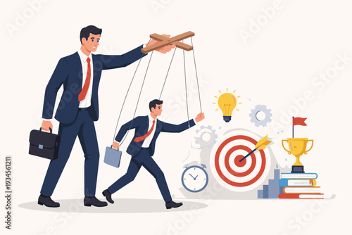 Businessman Controlling Himself as a Puppet for Self Discipline and Self Control Concept to Achieve Business Goals, Success, Productivity, Overcoming Procrastination and Effective Time Management.