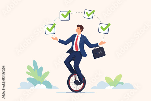 Businessman Riding Unicycle and Juggling Checkboxes with Green Checkmarks, Professional Multitasking, Project Management, Task Accomplishment, Productivity, and Work Balance Concept Illustration